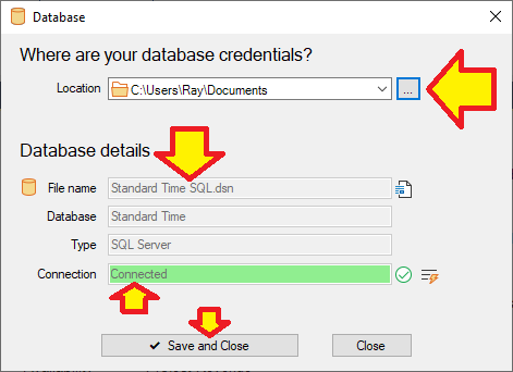 Standard Time database connection dialog
