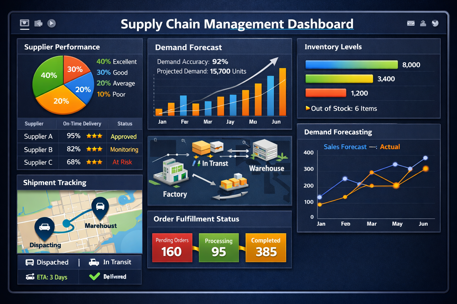 Supply chain management dashboard with supplier tracking and demand forecasting